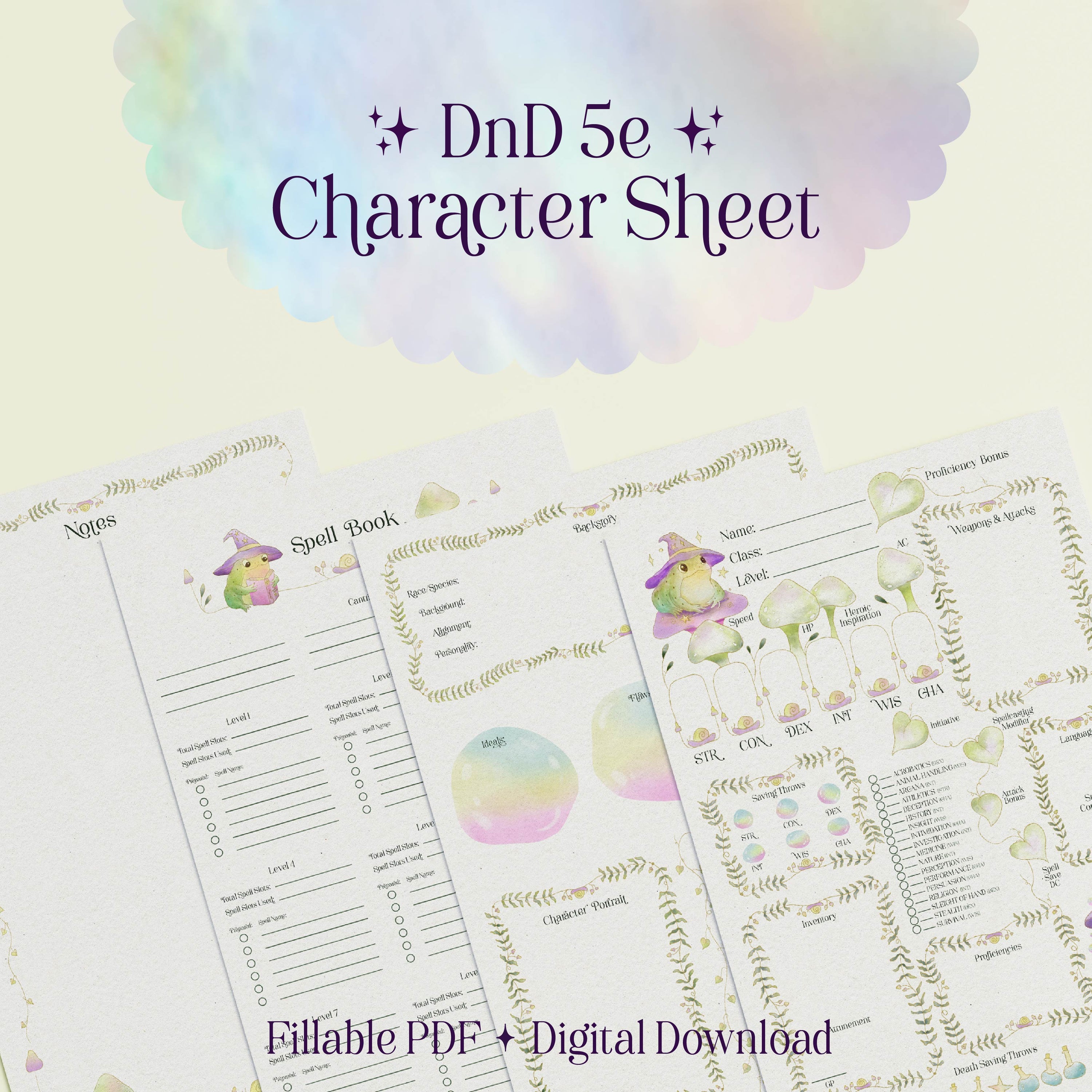 Character Sheet • Toad Mage • Digital Download • Fillable PDF