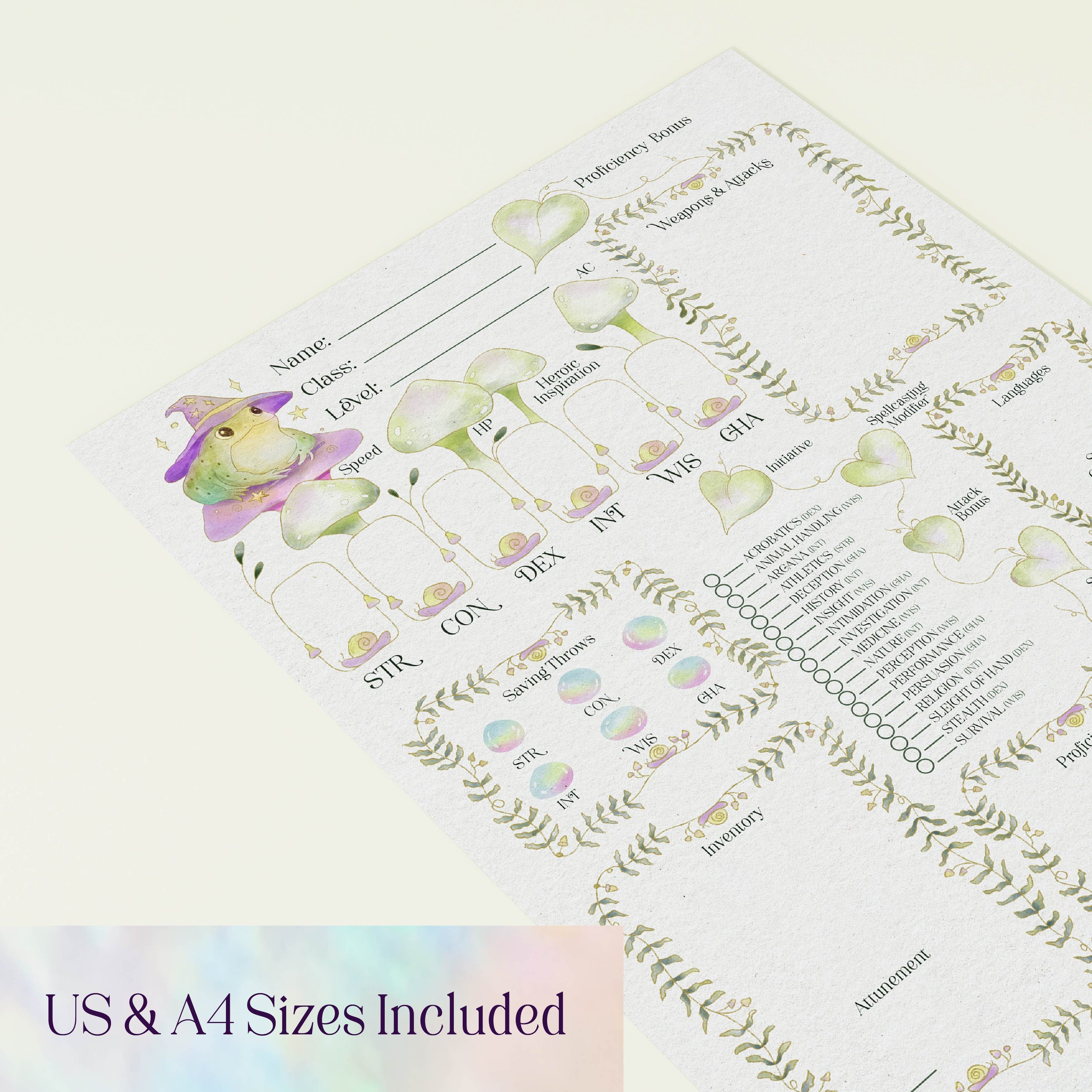 Character Sheet • Toad Mage • Digital Download • Fillable PDF